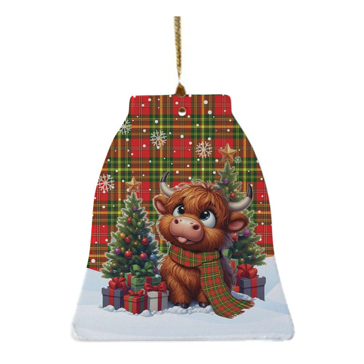 Scottish Leask Clan Tartan Ceramic Ornament Cute Highland Cow Christmas Bell Style Tartan Plaid