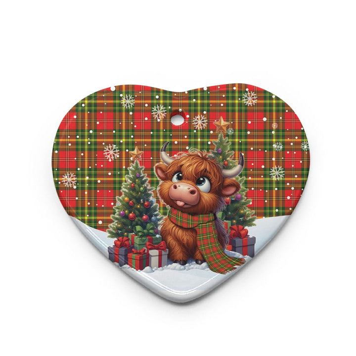 Scottish Leask Clan Tartan Ceramic Ornament Cute Highland Cow Christmas Heart Style Tartan Plaid