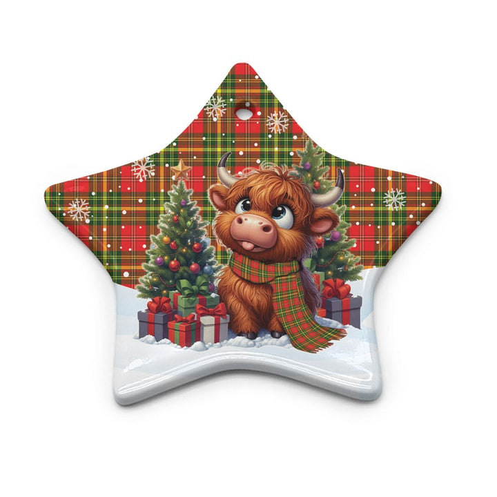 Scottish Leask Clan Tartan Ceramic Ornament Cute Highland Cow Christmas Star Style Tartan Plaid