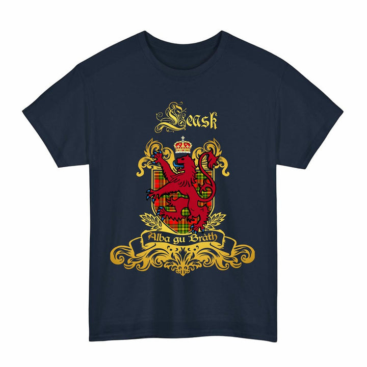 Scottish Leask Clan Tartan Lion Rampant of Scotland T-Shirt Tartan Plaid Navy Color