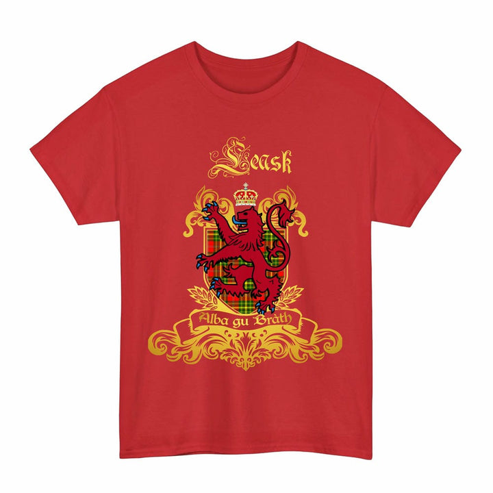 Scottish Leask Clan Tartan Lion Rampant of Scotland T-Shirt Tartan Plaid Red Color