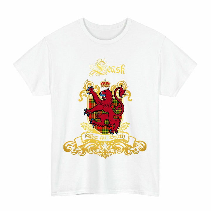 Scottish Leask Clan Tartan Lion Rampant of Scotland T-Shirt Tartan Plaid White Color