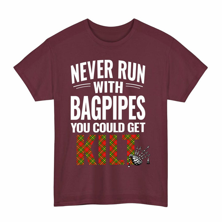 Scottish Leask Clan Tartan Never Run With Bagpipes T-Shirt Tartan Plaid Maroon Color