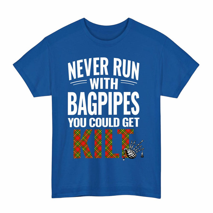 Scottish Leask Clan Tartan Never Run With Bagpipes T-Shirt Tartan Plaid Royal Color
