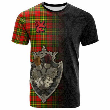 Scottish Leask Clan Tartan T-Shirt - Half Thistle Flowers Celtic Design Front Side Tartan Plaid