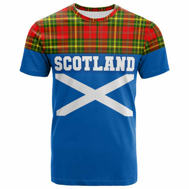 Scottish Leask Clan Tartan T-Shirt - Lion Rampant of Scotland With Flag Front Side Tartan Plaid