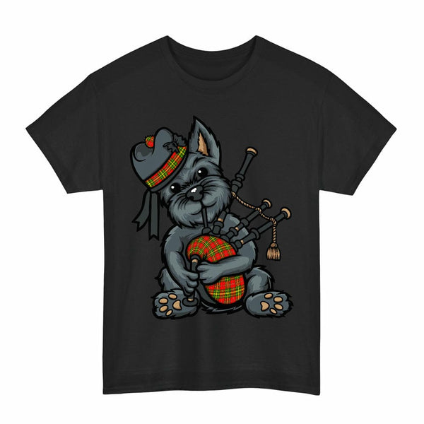Scottish Leask Clan Tartan Terrier Bagpipes T-Shirt Tartan Plaid Black Color