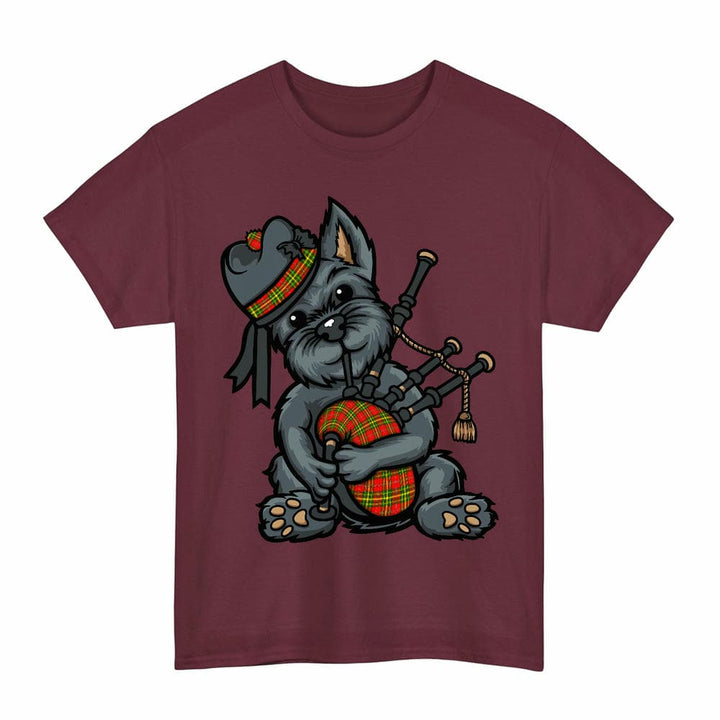 Scottish Leask Clan Tartan Terrier Bagpipes T-Shirt Tartan Plaid Maroon Color