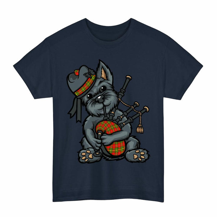 Scottish Leask Clan Tartan Terrier Bagpipes T-Shirt Tartan Plaid Navy Color