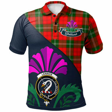 Scottish Lennox Clan Crest Tartan Polo Shirt - Scotland Thistle Style Front Side Tartan Plaid
