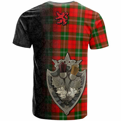 Scottish Lennox Clan Crest Tartan T-Shirt - Half Thistle Flowers Celtic Design Back Side Tartan Plaid