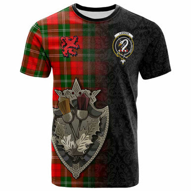 Scottish Lennox Clan Crest Tartan T-Shirt - Half Thistle Flowers Celtic Design Front Side Tartan Plaid