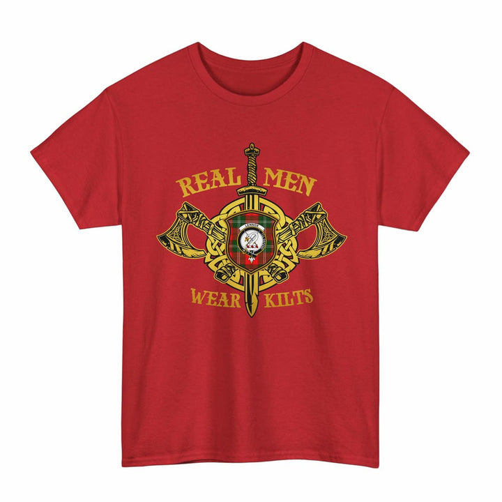 Scottish Lennox Clan Crest Tartan T-Shirt Real Men Wear Kilts Tartan Plaid Red Color