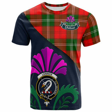 Scottish Lennox Clan Crest Tartan T-Shirt - Scotland Thistle Style Front Side Tartan Plaid