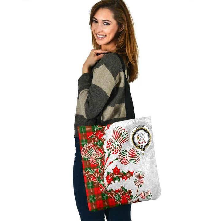 Scottish Lennox Clan Crest Tartan Tote Bag - Thistle Flowers Style Tartan Plaid 3