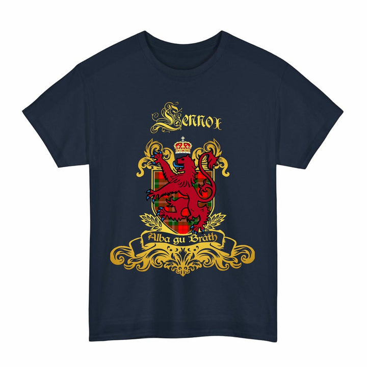 Scottish Lennox Clan Tartan Lion Rampant of Scotland T-Shirt Tartan Plaid Navy Color
