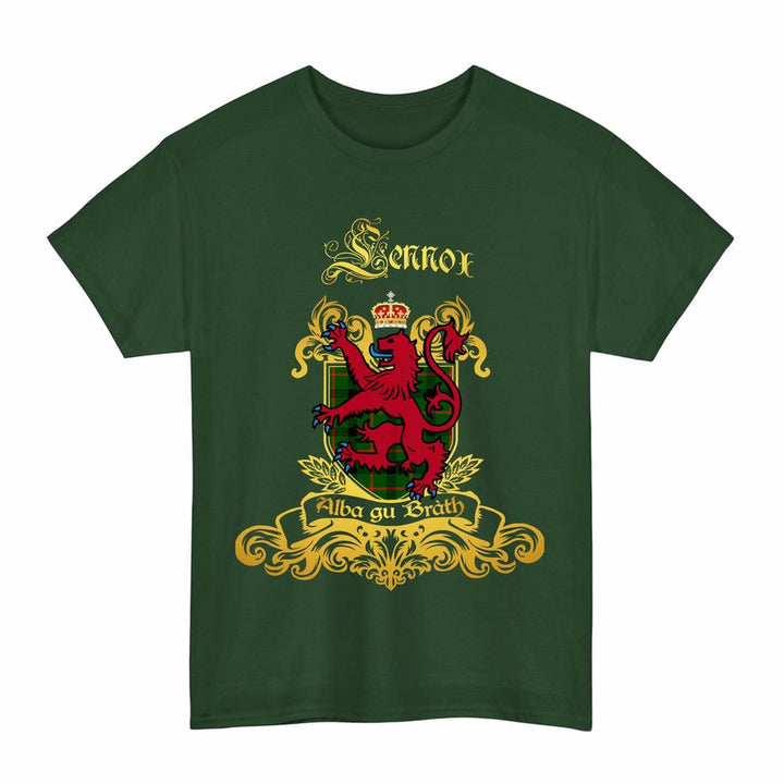 Scottish Lennox (Lennox Kincaid) Clan Tartan Lion Rampant of Scotland T-Shirt Tartan Plaid Forest Green Color
