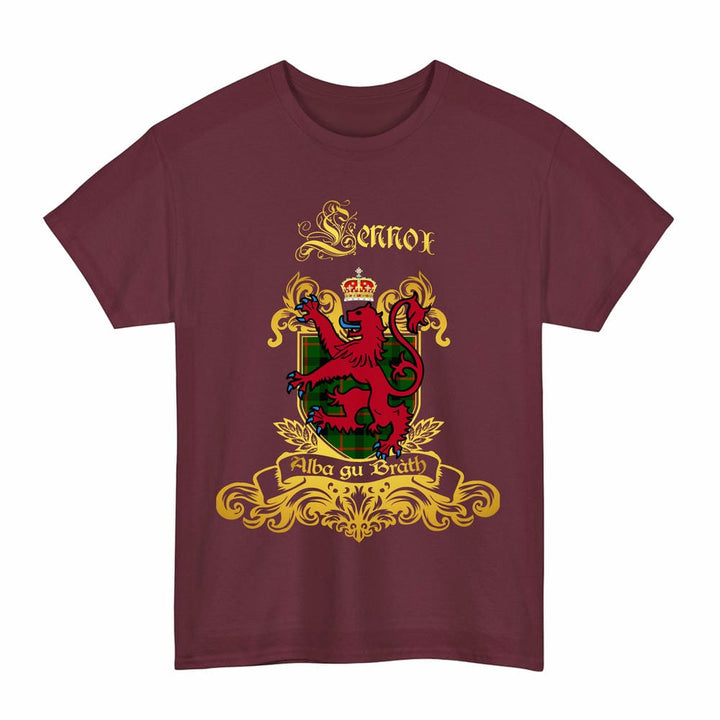 Scottish Lennox (Lennox Kincaid) Clan Tartan Lion Rampant of Scotland T-Shirt Tartan Plaid Maroon Color