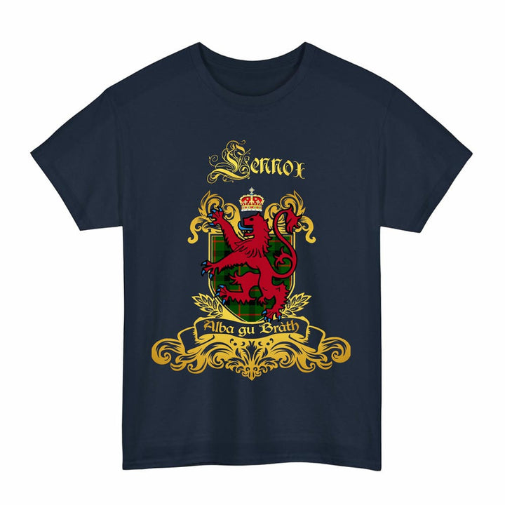 Scottish Lennox (Lennox Kincaid) Clan Tartan Lion Rampant of Scotland T-Shirt Tartan Plaid Navy Color