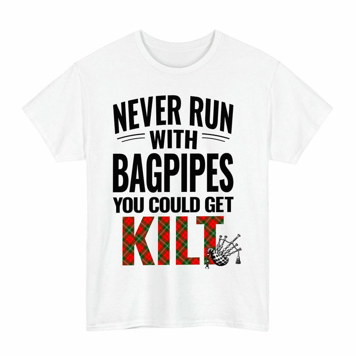 Scottish Lennox Modern Clan Tartan Never Run With Bagpipes T-Shirt Tartan Plaid White Color