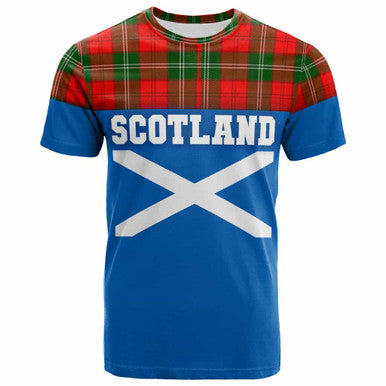 Scottish Lennox Modern Clan Tartan T-Shirt - Lion Rampant of Scotland With Flag Front Side Tartan Plaid