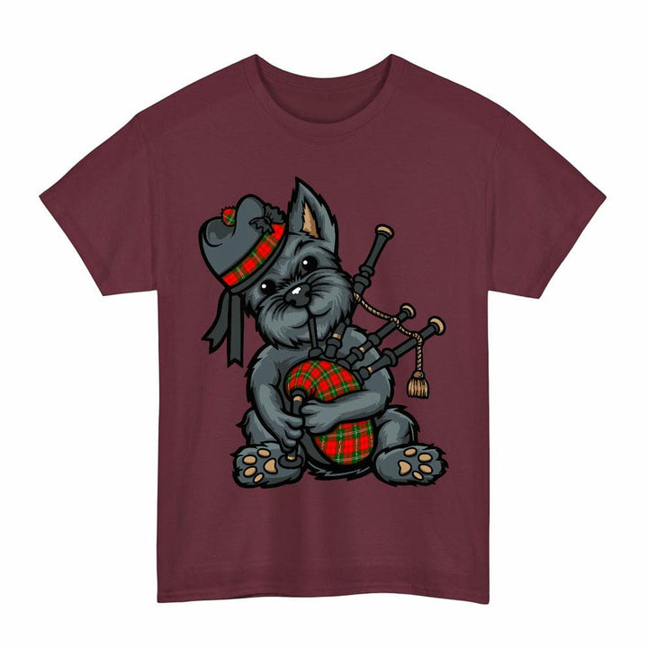 Scottish Lennox Modern Clan Tartan Terrier Bagpipes T-Shirt Tartan Plaid Maroon Color