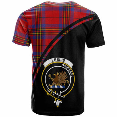 Scottish Leslie Clan Crest Tartan Curve T-Shirt Back Side Tartan Plaid