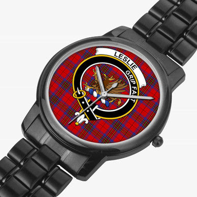 Scottish Leslie Clan Crest Tartan Folding Clasp Steel Quartz Watches Tartan Plaid Black 2