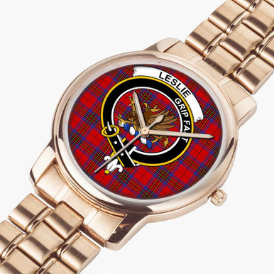 Scottish Leslie Clan Crest Tartan Folding Clasp Steel Quartz Watches Tartan Plaid Rose Gold 2