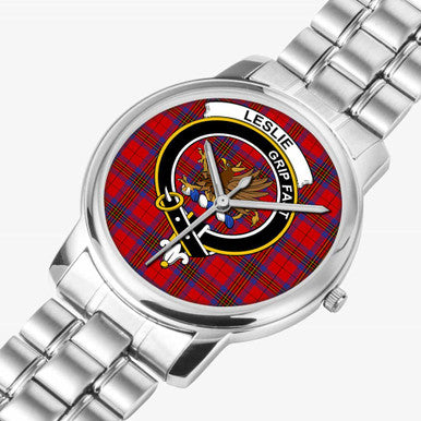 Scottish Leslie Clan Crest Tartan Folding Clasp Steel Quartz Watches Tartan Plaid Silver 2