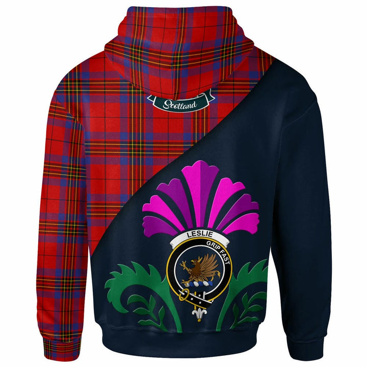 Scottish Leslie Clan Crest Tartan Hoodie - Scotland Thistle Style Back Side Tartan Plaid
