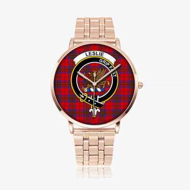 Scottish Leslie Clan Crest Tartan Instafamous Steel Quartz Watches Tartan Plaid Rose Gold 1