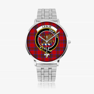 Scottish Leslie Clan Crest Tartan Instafamous Steel Quartz Watches Tartan Plaid Silver 1