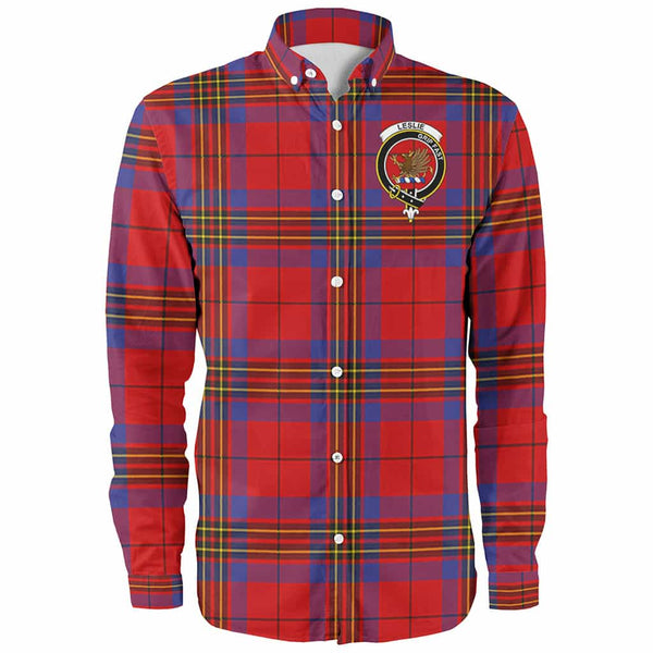 Scottish Leslie Clan Crest Tartan Long Sleeve Shirt Front Side Tartan Plaid