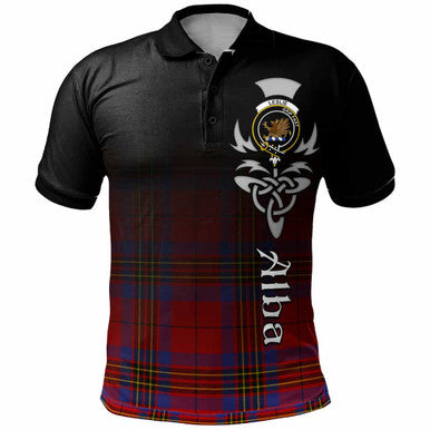 Scottish Leslie Clan Crest Tartan Polo Shirt - Alba Gu Brath Family Crest Celtic Inspired Front Side Tartan Plaid