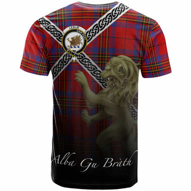 Scottish Leslie Clan Crest Tartan T-Shirt - Celtic With Scotland Lion Back Side Tartan Plaid
