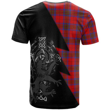 Scottish Leslie Clan Crest Tartan T-Shirt - Lion Rampant Celtic Cross Flash Style Back Side Tartan Plaid
