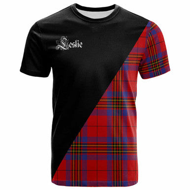 Scottish Leslie Clan Crest Tartan T-Shirt - Military Logo Front Side Tartan Plaid