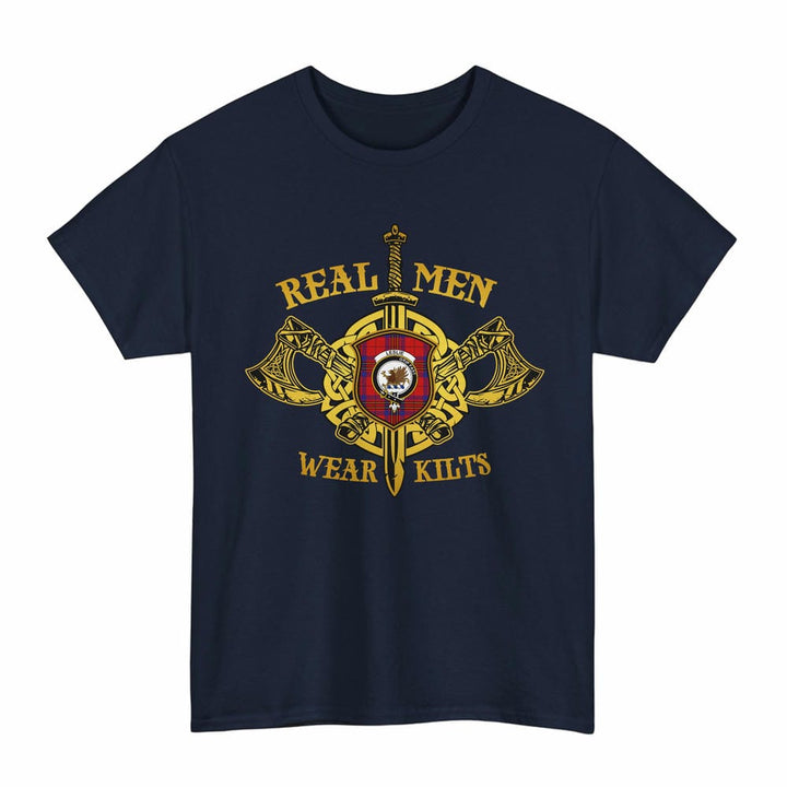 Scottish Leslie Clan Crest Tartan T-Shirt Real Men Wear Kilts Tartan Plaid Navy Color