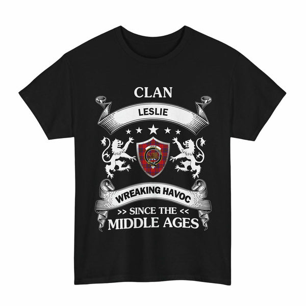 Scottish Leslie Clan Crest Tartan T-Shirt Wreaking Havoc Design Tartan Plaid Black Color