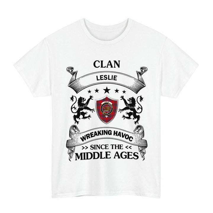 Scottish Leslie Clan Crest Tartan T-Shirt Wreaking Havoc Design Tartan Plaid White Color