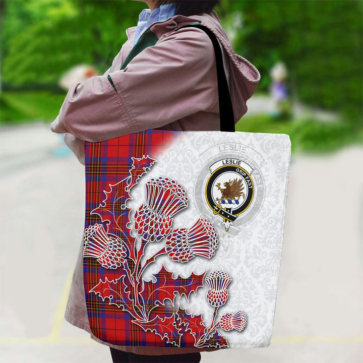 Scottish Leslie Clan Tartan Canvas Bag With Shoulder Straps - Thistle Flowers Style Tartan Plaid 2
