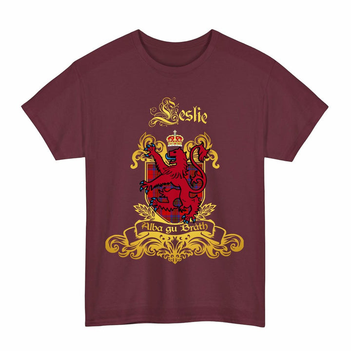 Scottish Leslie Clan Tartan Lion Rampant of Scotland T-Shirt Tartan Plaid Maroon Color