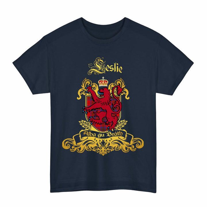 Scottish Leslie Clan Tartan Lion Rampant of Scotland T-Shirt Tartan Plaid Navy Color