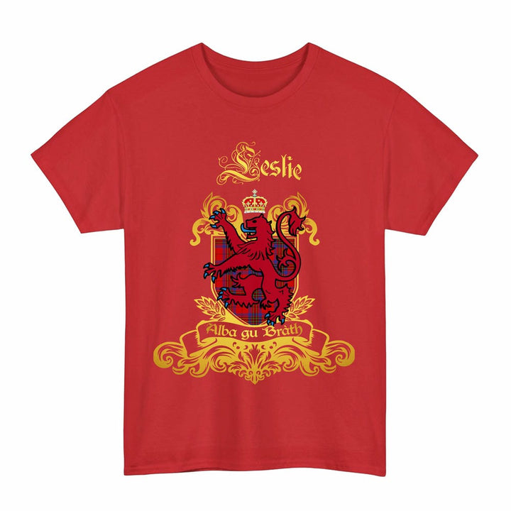 Scottish Leslie Clan Tartan Lion Rampant of Scotland T-Shirt Tartan Plaid Red Color