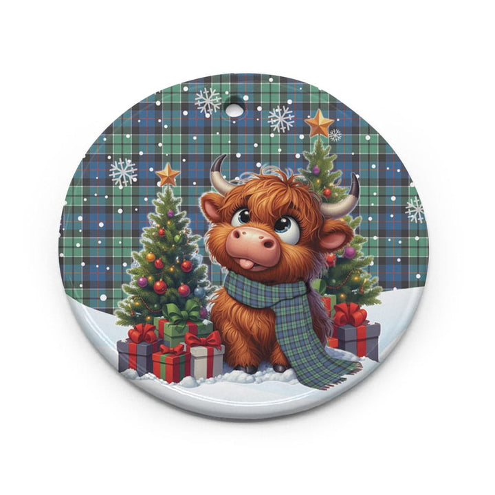 Scottish Leslie Hunting Ancient Clan Tartan Ceramic Ornament Cute Highland Cow Christmas Circle Style Tartan Plaid