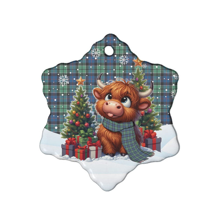 Scottish Leslie Hunting Ancient Clan Tartan Ceramic Ornament Cute Highland Cow Christmas Snow Flake Style Tartan Plaid