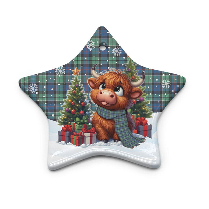Scottish Leslie Hunting Ancient Clan Tartan Ceramic Ornament Cute Highland Cow Christmas Star Style Tartan Plaid