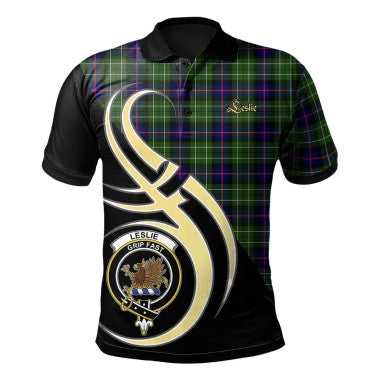 Scottish Leslie Hunting Clan Crest Tartan Polo Shirt Believe in Me Front Side Tartan Plaid