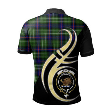 Scottish Leslie Hunting Clan Crest Tartan Polo Shirt Believe in Me Back Side Tartan Plaid